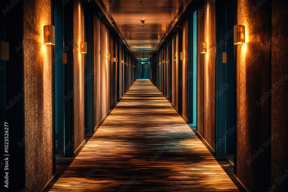 A Long, Narrow Hotel Corridor with Warm Lighting and Carpeted Flooring A Long, Narrow Hotel Corridor with Warm Lighting and Carpeted Flooring