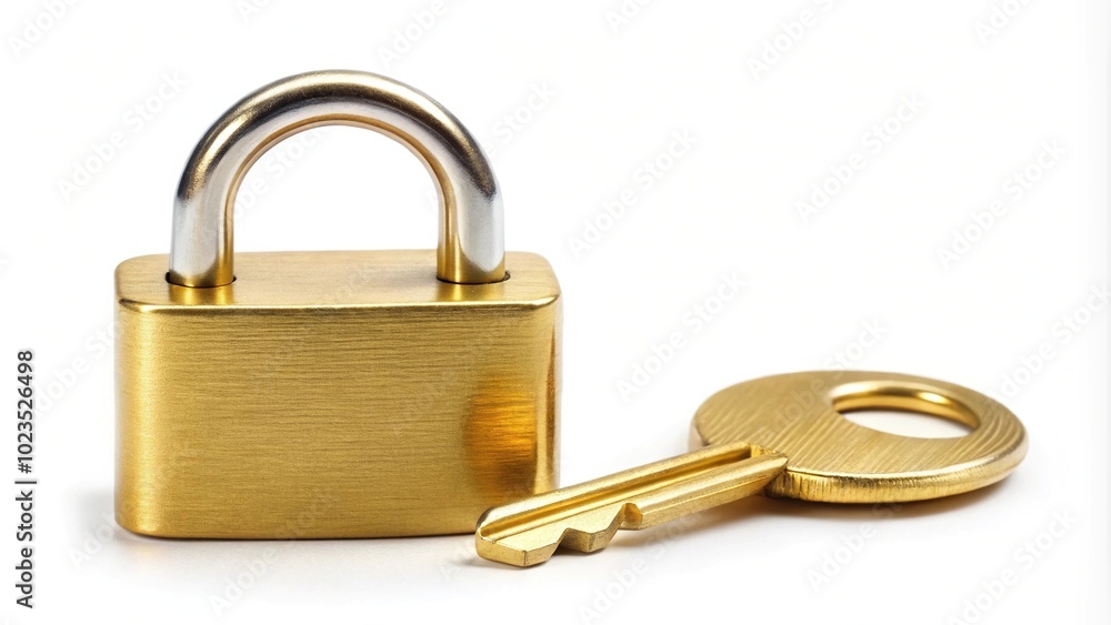 Golden padlock with key isolated on white background Golden padlock with key isolated on white background