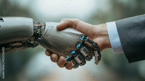 Human and robot handshake symbolizing collaboration and innovation