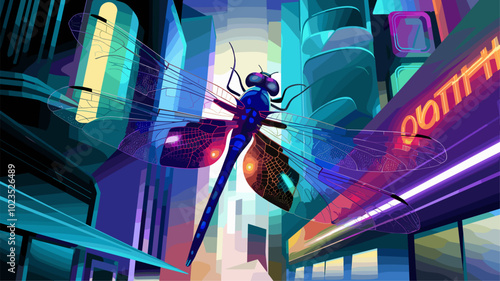 Dragonfly navigating through a city street illuminated by neon lights, with vibrant colors reflecting off its wings in a surreal urban setting.