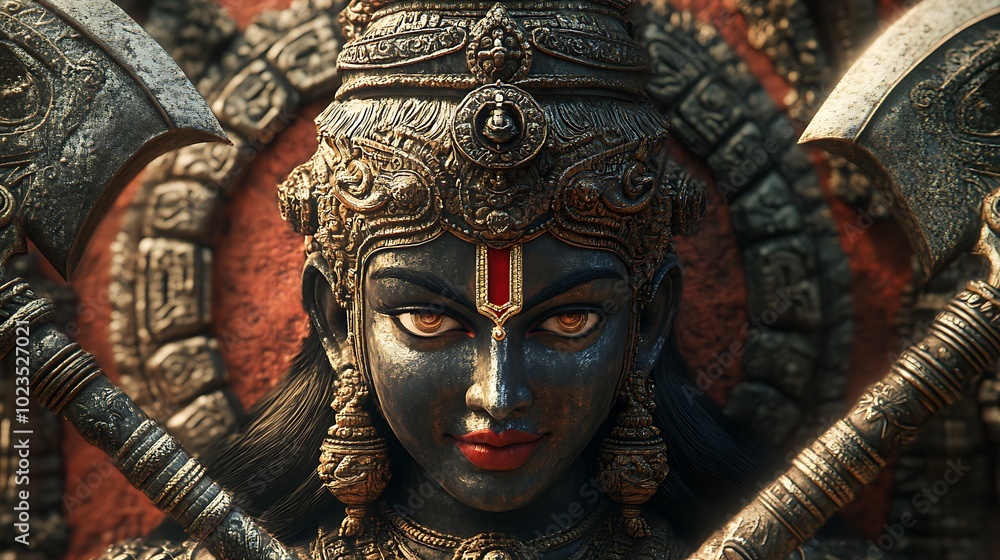 Fototapeta premium A detailed depiction of a goddess with intricate ornaments and weapons, showcasing cultural artistry.