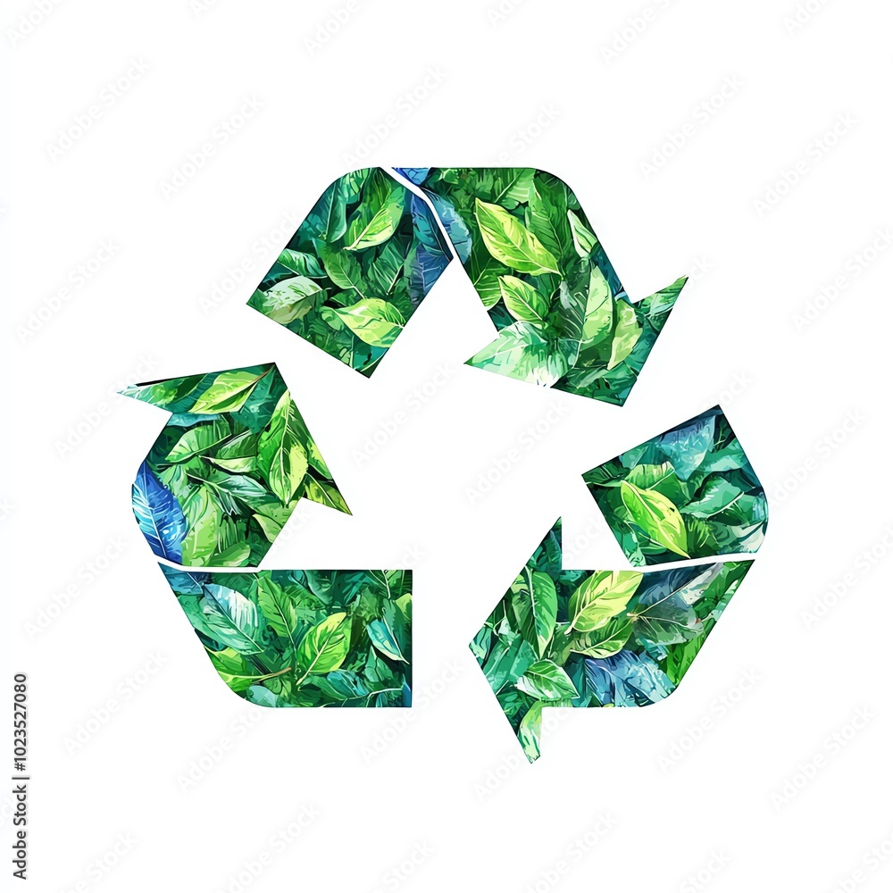 Recycling symbol made with vibrant green leaves on a white background, representing sustainability and eco-friendliness.