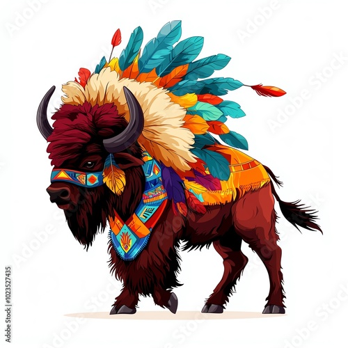 Colorful buffalo with feathers and accessories, standing proudly on a white isolated background. photo