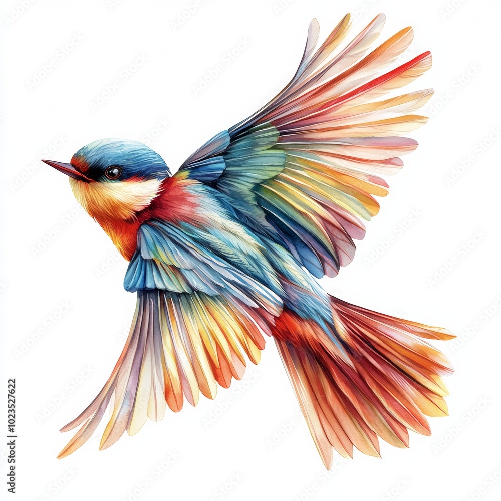 Fototapeta premium colorful bird with a long tail flying white background