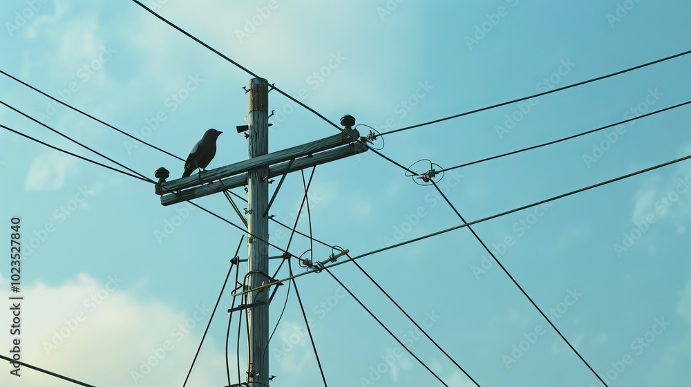 EcoHarmony Majestic Bird Roosting on Modern Power Line Tower EcoHarmony Majestic Bird Roosting on Modern Power Line Tower