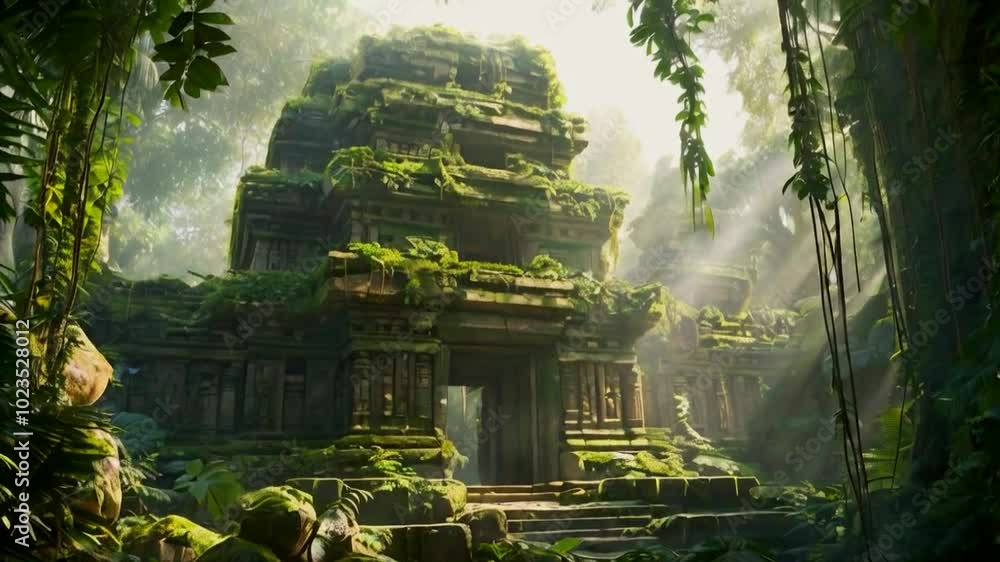 A moss-covered ancient temple surrounded by dense jungle and sunlight filtering through trees. A moss-covered ancient temple surrounded by dense jungle and sunlight filtering through trees.
