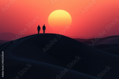 Two Silhouettes Standing on a Sand Dune at Sunset