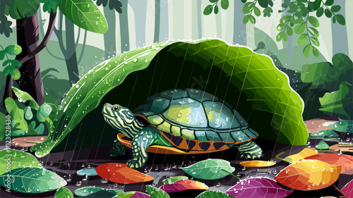 Turtle sheltering under a large leaf in a rain-soaked rainforest, with raindrops cascading down its shell and reflecting the vibrant greenery around it.