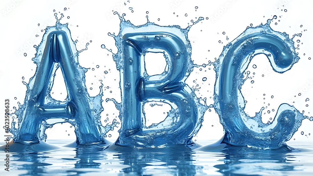 Letters A, B, C. Water Alphabet: ultra-realistic water splash effect. Letters A, B, C. Water Alphabet: ultra-realistic water splash effect.