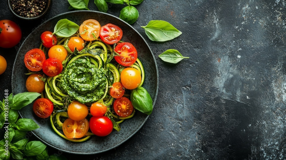 A plate of zucchini noodles with pesto, cherry tomatoes, and basil leaves on a dark background. A plate of zucchini noodles with pesto, cherry tomatoes, and basil leaves on a dark background.