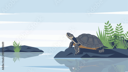 Turtle against an isolated background, showcasing its detailed shell and gentle demeanor in a simple, minimalistic environment.