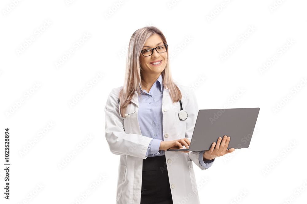 Female doctor standing and holding a laptop computer Female doctor standing and holding a laptop computer