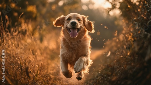 Golden Retriever Running Through a Forest Clearing at Sunset