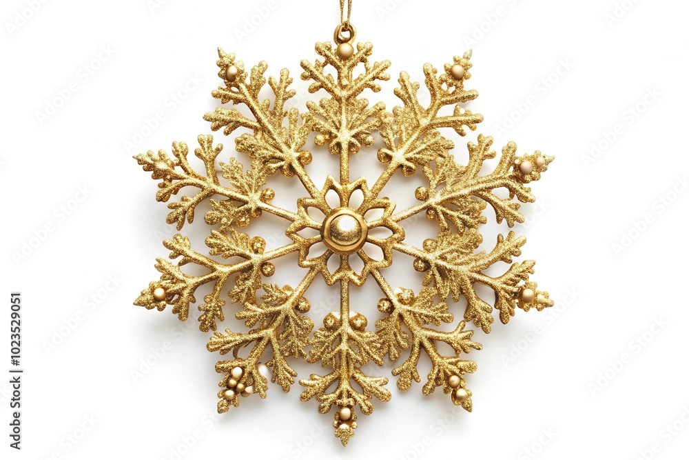 Golden snowflake ornament with intricate details on white background Golden snowflake ornament with intricate details on white background