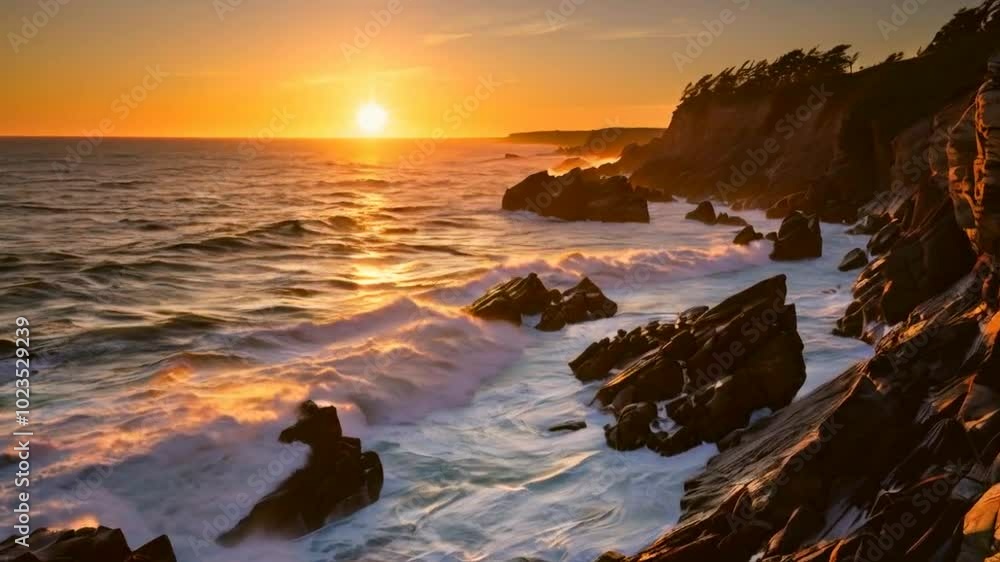 A stunning sunset over rocky coastal waves, capturing nature's beauty and tranquility. A stunning sunset over rocky coastal waves, capturing nature's beauty and tranquility.