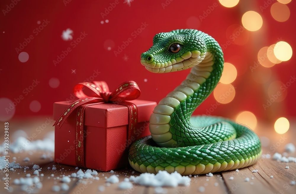 Fototapeta premium Snake Symbol of 2025 new year, Image of snake and gift box on red festive new year background in Chinese New Year 2025 style