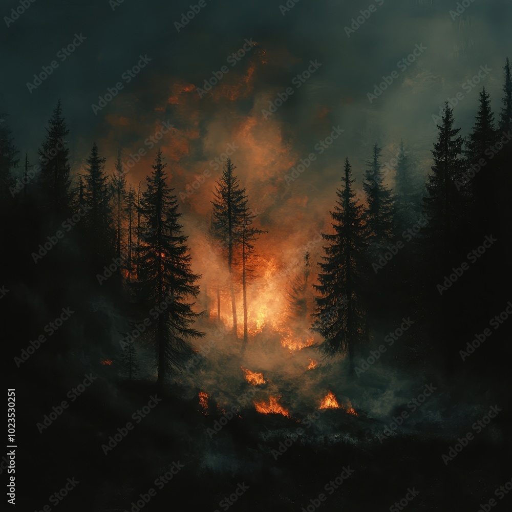 A powerful forest wildfire engulfs trees in towering flames, producing thick smoke, illustrating the destructive force of wildfires on nature.
A powerful forest wildfire engulfs trees in towering flames, producing thick smoke, illustrating the destructive force of wildfires on nature.