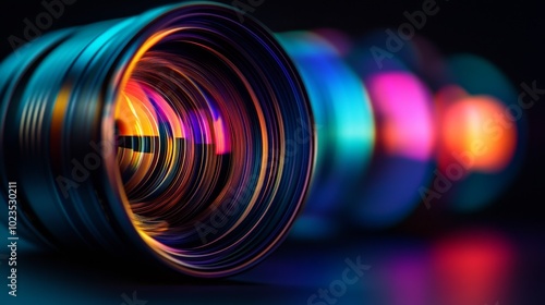 Distorted Perspectives of Photographic Lens Components Highlighting Transparent Structures and Chromatic Aberration on a Black Background, Showcasing Optical Precision and Unique Visual Distortion.