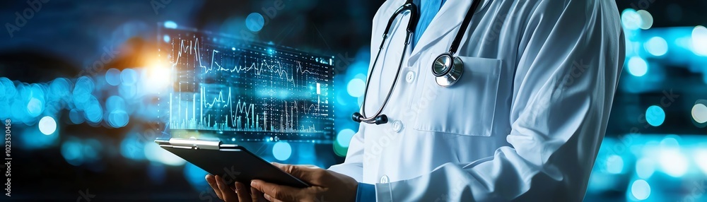 Medical professional using technology for patient data analysis, with digital interface, in clinical environment. Medical professional using technology for patient data analysis, with digital interface, in clinical environment.