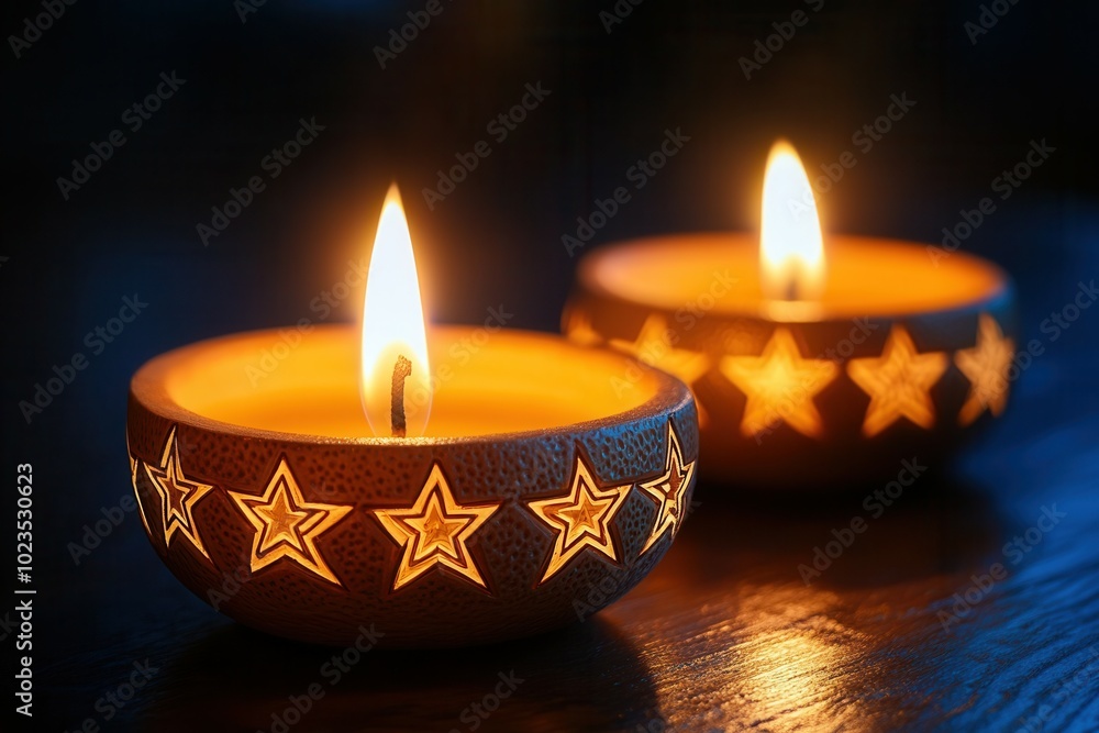 Two beautifully crafted candles with star patterns illuminate a dimly lit space, casting a warm glow that creates a cozy and inviting atmosphere perfect for relaxation or intimate gatherings. Two beautifully crafted candles with star patterns illuminate a dimly lit space, casting a warm glow that creates a cozy and inviting atmosphere perfect for relaxation or intimate gatherings.
