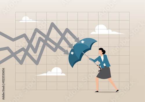 businesswoman holding umbrella to cover and protect from downturn arrow