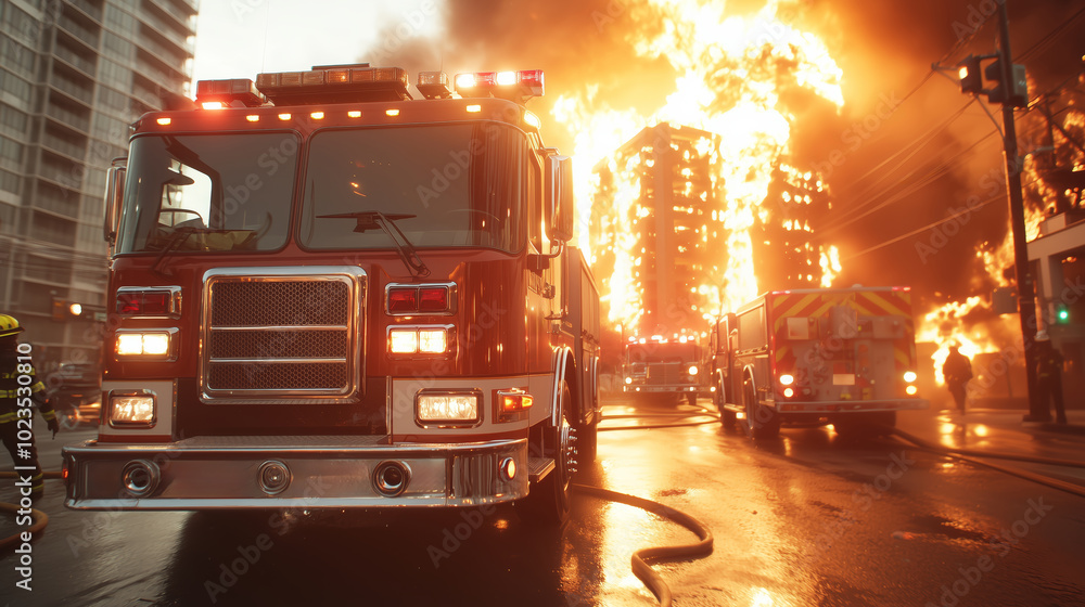 Intense firefighting scene depicting a fire truck responding to a massive urban fire. Flames engulf the buildings as firefighters work to combat the blaze. Intense firefighting scene depicting a fire truck responding to a massive urban fire. Flames engulf the buildings as firefighters work to combat the blaze.