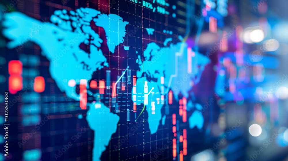 Close-up of digital world map with highlighted countries and trade routes, visualizing the impact of tariffs on global trade and rising economic tension through a graph. Close-up of digital world map with highlighted countries and trade routes, visualizing the impact of tariffs on global trade and rising economic tension through a graph.