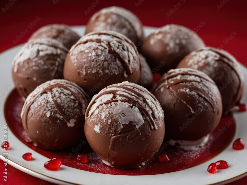 Chocolat ice cream balls in nice plate on red background. Rich chocolate ice cream on red Chocolat ice cream balls in nice plate on red background. Rich chocolate ice cream on red