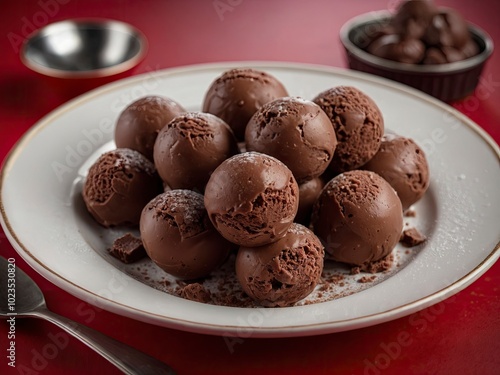 Chocolat ice cream balls in nice plate on red background. Chocolate ice cream on vivid red