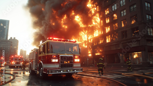 A dramatic scene of a fire truck and firefighters battling a raging blaze in an urban environment, showcasing bravery and emergency response efforts.