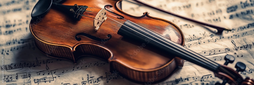 Fototapeta premium A violin rests on sheet music, representing musical grace and tradition.