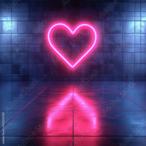 A vibrant neon heart illuminates a dimly lit space with glossy tiles reflecting its glow. The heart casts a warm pink light against the textured dark wall, creating a modern and romantic atmosphere pe photo