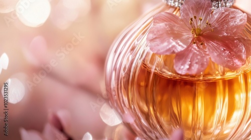 Perfume bottle, close-up of perfume bottle with floral accents, soft light creating elegance