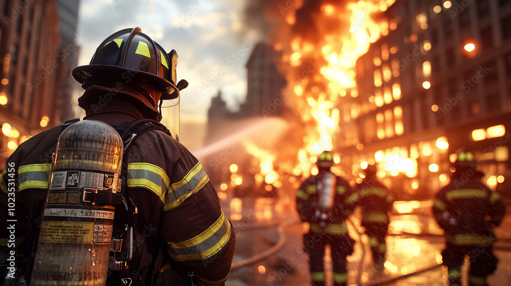 Firefighters bravely battle a fierce blaze in an urban setting, demonstrating courage and teamwork amid the chaos. Flames and smoke rise dramatically as they work tirelessly to control the emergency. Firefighters bravely battle a fierce blaze in an urban setting, demonstrating courage and teamwork amid the chaos. Flames and smoke rise dramatically as they work tirelessly to control the emergency.