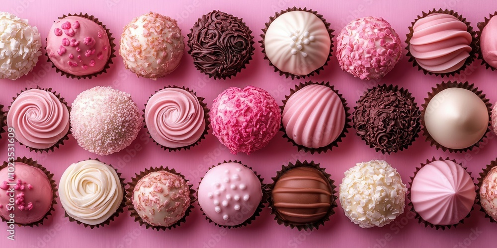 A delightful assortment of round sweets in various shades of pink and brown is artfully laid out on a vibrant pink surface. These decorative treats feature intricate designs and textures, perfect for A delightful assortment of round sweets in various shades of pink and brown is artfully laid out on a vibrant pink surface. These decorative treats feature intricate designs and textures, perfect for