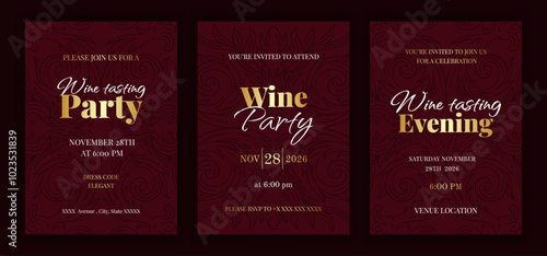 Dark cherry red colored wine tasting event invitation template set with golden text. Baroque luxury style retro ornate pattern background. EPS 10 vector illustration.