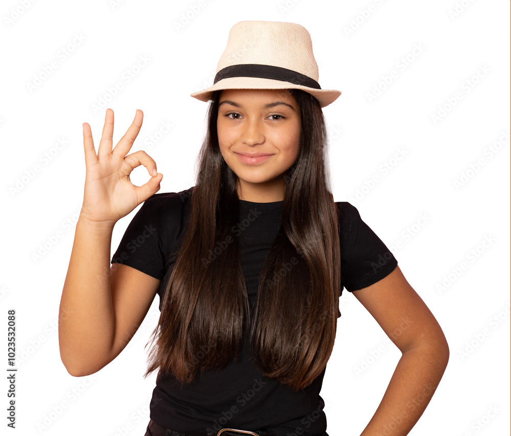 Young cheerful girl wearing straw hat showing okay symbol isolated over transparent background. Young cheerful girl wearing straw hat showing okay symbol isolated over transparent background.
