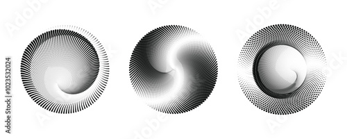 Black and white, vector illustration, of depth, circular patterns and particle flow dynamics.