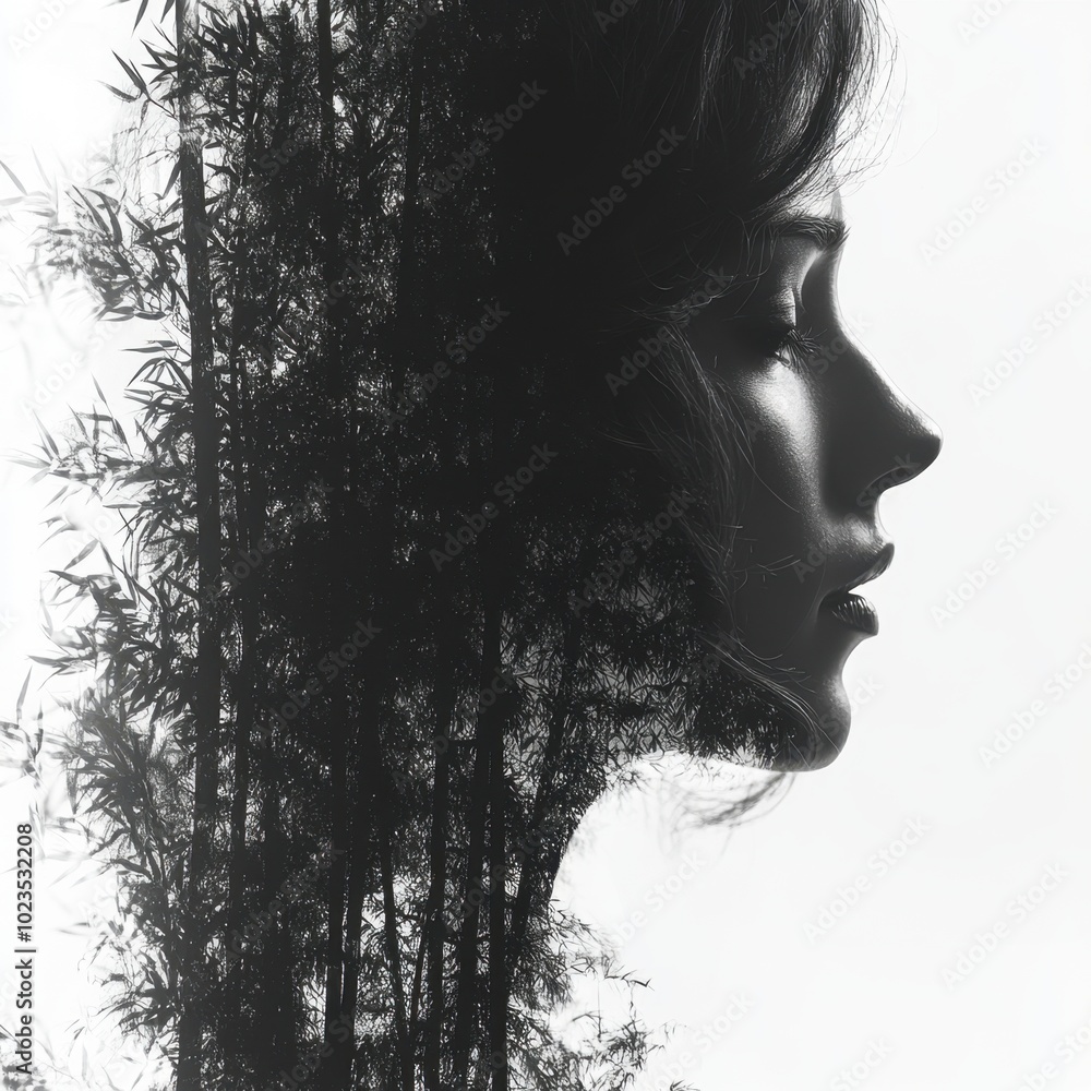 A woman’s silhouette merging with a dense bamboo forest in the early morning, where her hair forms the tall bamboo stalks. Isolated on white. AR: 4:3. A woman’s silhouette merging with a dense bamboo forest in the early morning, where her hair forms the tall bamboo stalks. Isolated on white. AR: 4:3.