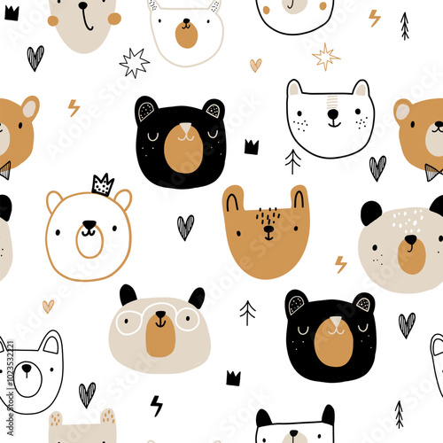 Cute bear minimalistic scandinavian boho seamless pattern forest woodland backdrop wallpaper.