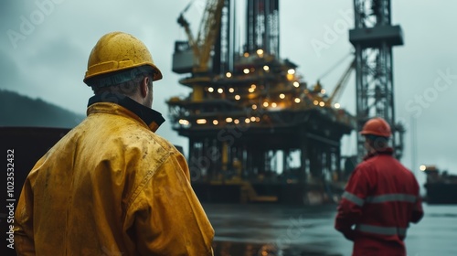 Two workers in rain gear stand under cloudy skies near an offshore oil rig during dusk