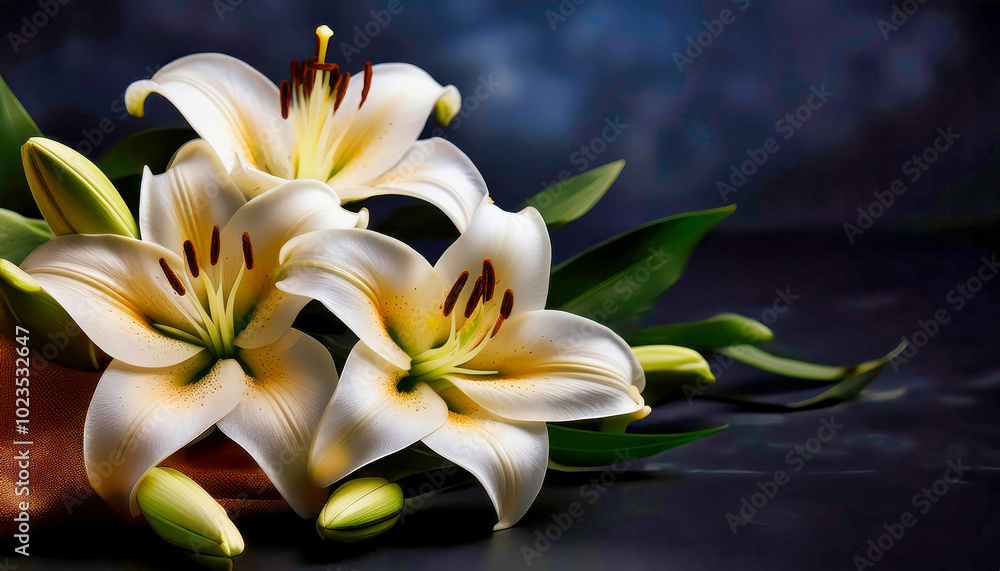 Fototapeta premium Solemn funeral white flowers and on dark background, memory and grief wallpaper.
