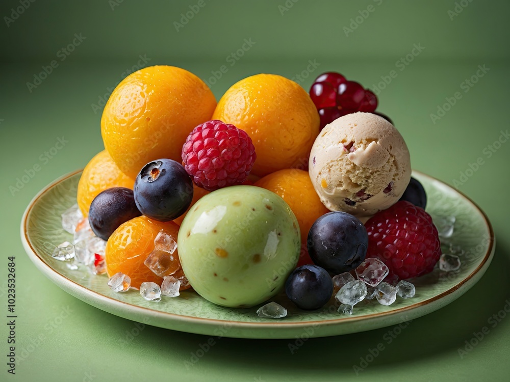 Exotic fruits ice cream balls in nice plate on green background. Ice cream balls served on green background Exotic fruits ice cream balls in nice plate on green background. Ice cream balls served on green background