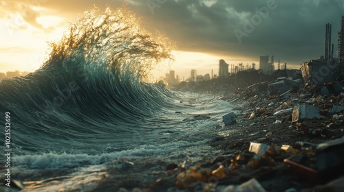 A large ocean wave filled with debris and trash crashes onto a polluted beach, symbolizing the environmental crisis of marine pollution and waste accumulation.
 photo