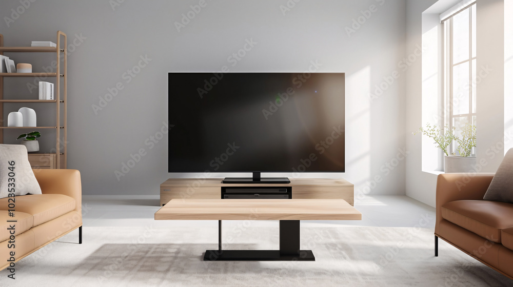 Minimalist living room setup featuring a large flat-screen TV on a wooden stand, with soft light filling the modern space. Minimalist living room setup featuring a large flat-screen TV on a wooden stand, with soft light filling the modern space.