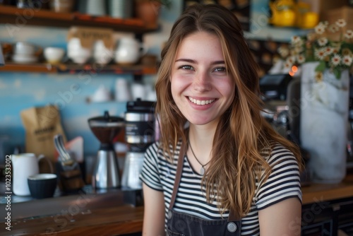 Young beautiful woman in a coffee shop. AI generative