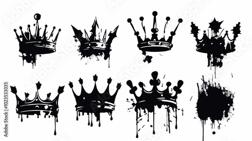 Graffiti-style ink splash art featuring royal busts and crowns. Black and white modern interpretation of classical royalty, displaying power, elegance, and a bold, edgy twist on traditional symbols.
