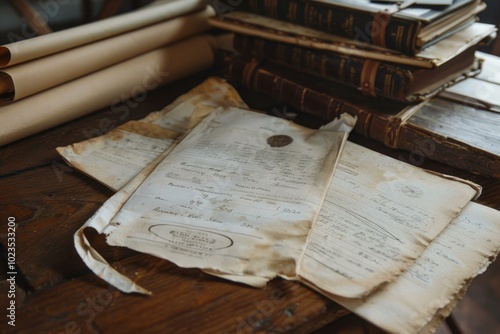 Old documents and papers are lying on a wooden table with a stack of books, creating a vintage and historical atmosphere photo