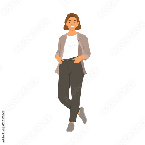 Beautiful woman with her hands inside pocket wearing business casual outfit. Flat vector illustration isolated on white background