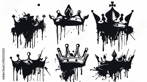 Graffiti-style ink splash art featuring royal busts and crowns. Black and white modern interpretation of classical royalty, displaying power, elegance, and a bold, edgy twist on traditional symbols.